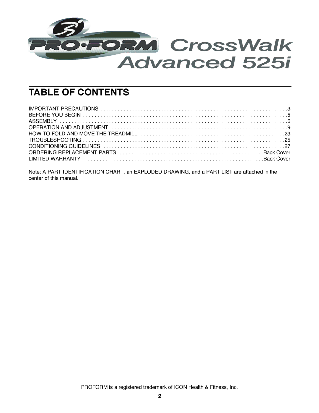 ProForm PFTL59920 user manual Table of Contents 