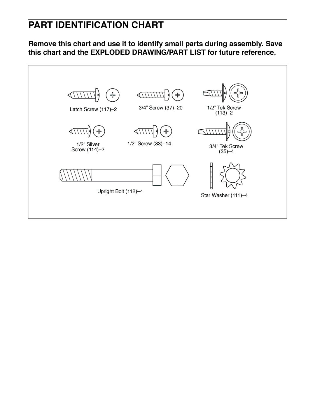 ProForm PFTL59920 user manual Part Identification Chart 