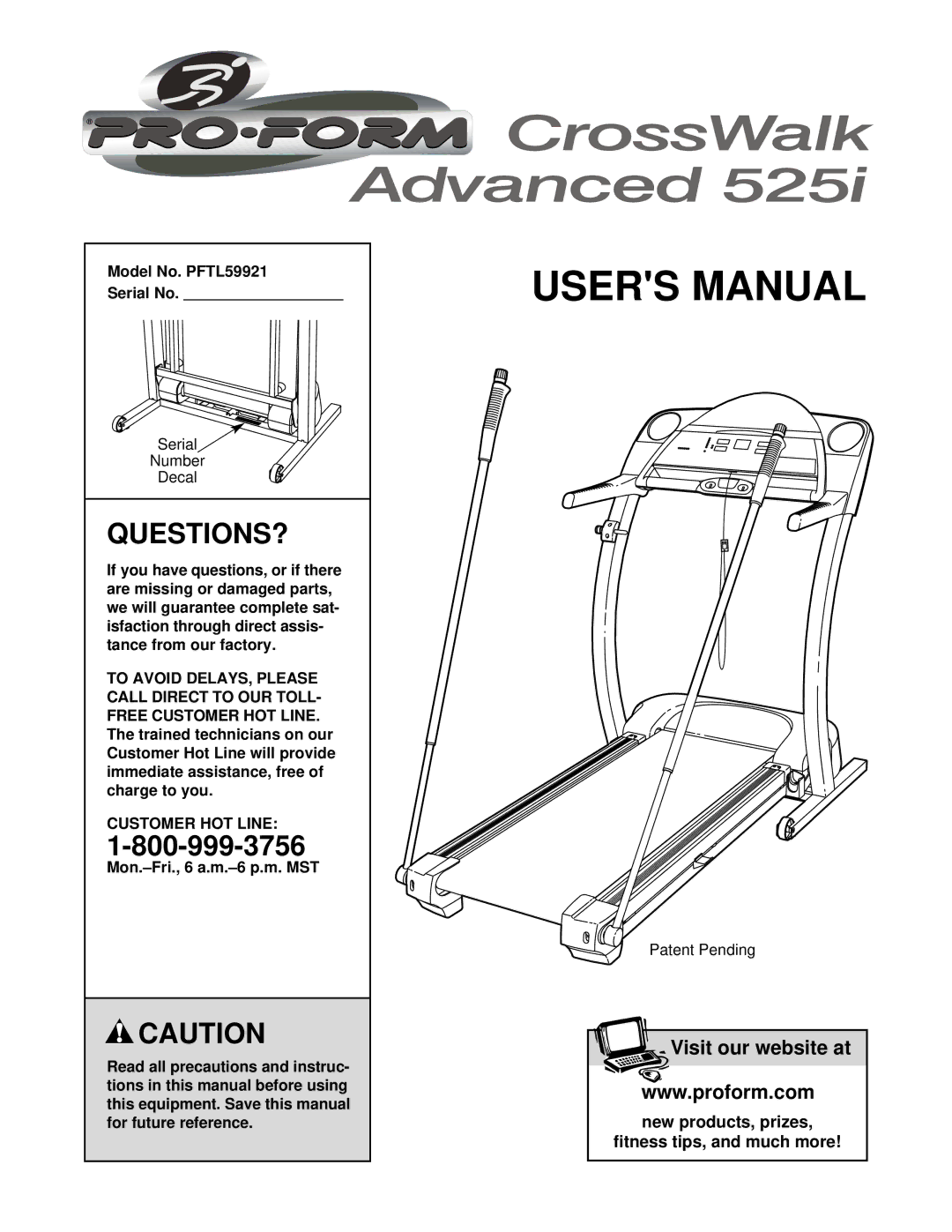 ProForm user manual Questions?, Model No. PFTL59921 Serial No, Customer HOT Line 