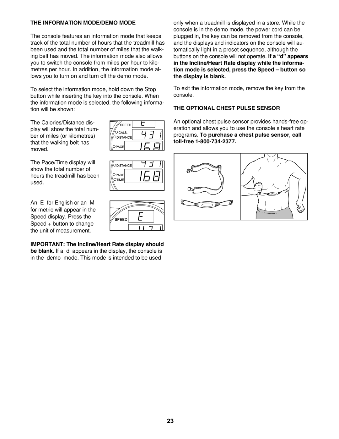 ProForm PFTL61930 user manual Information MODE/DEMO Mode, Optional Chest Pulse Sensor 