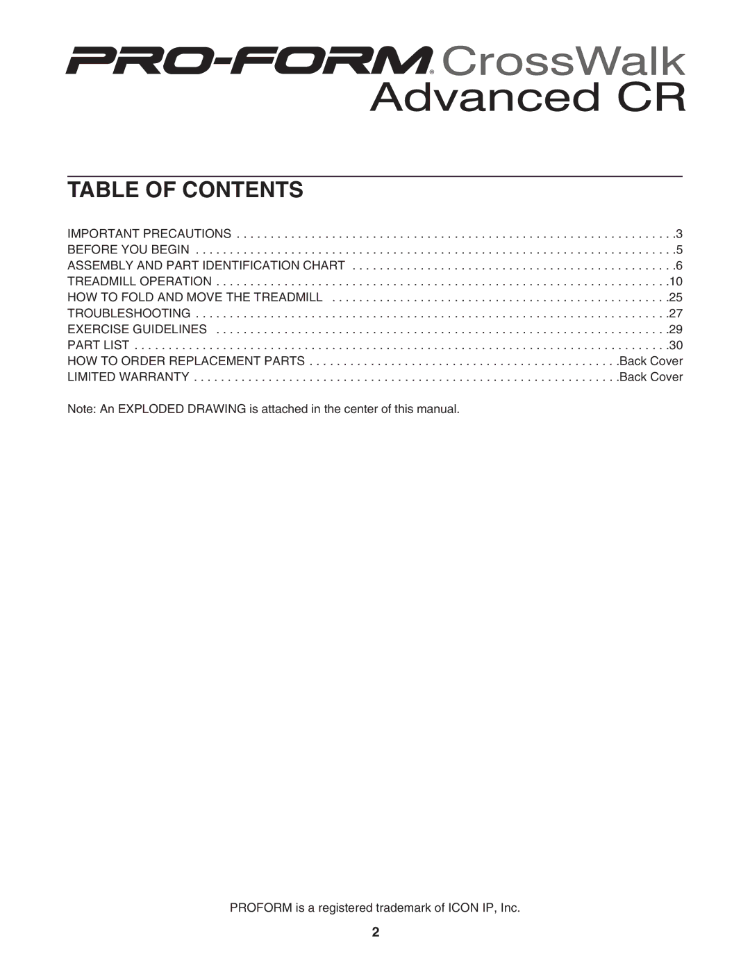 ProForm PFTL61931 user manual Table of Contents 