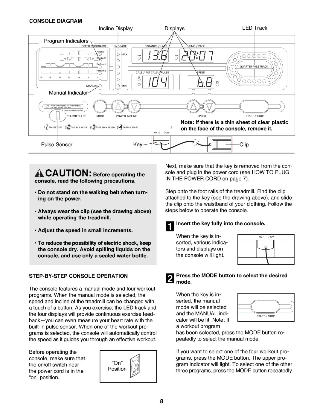 ProForm PFTL62580 user manual Console Diagram, STEP-BY-STEP Console Operation, Insert the key fully into the console 