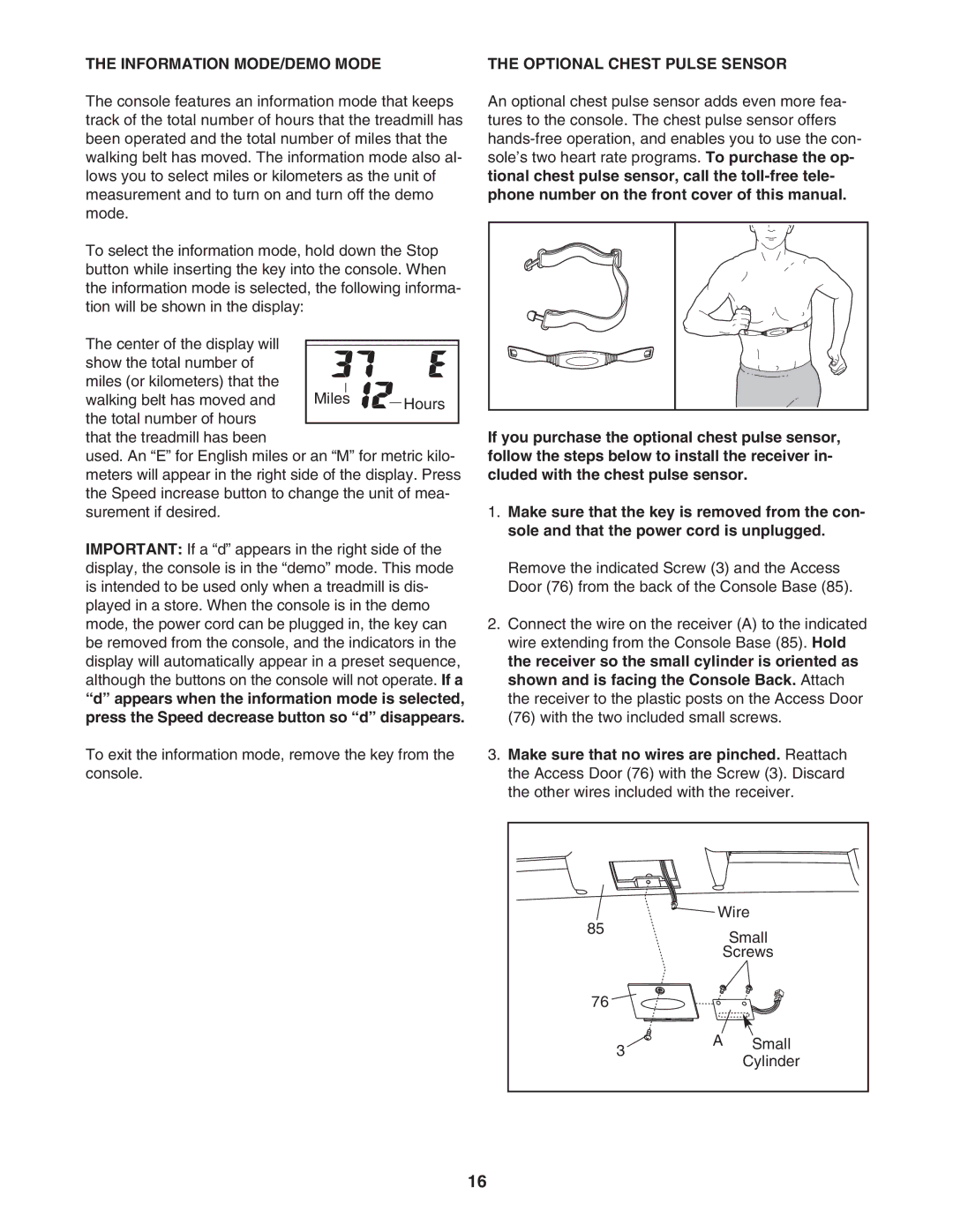 ProForm PFTL63105.0 user manual Information MODE/DEMO Mode, Optional Chest Pulse Sensor 