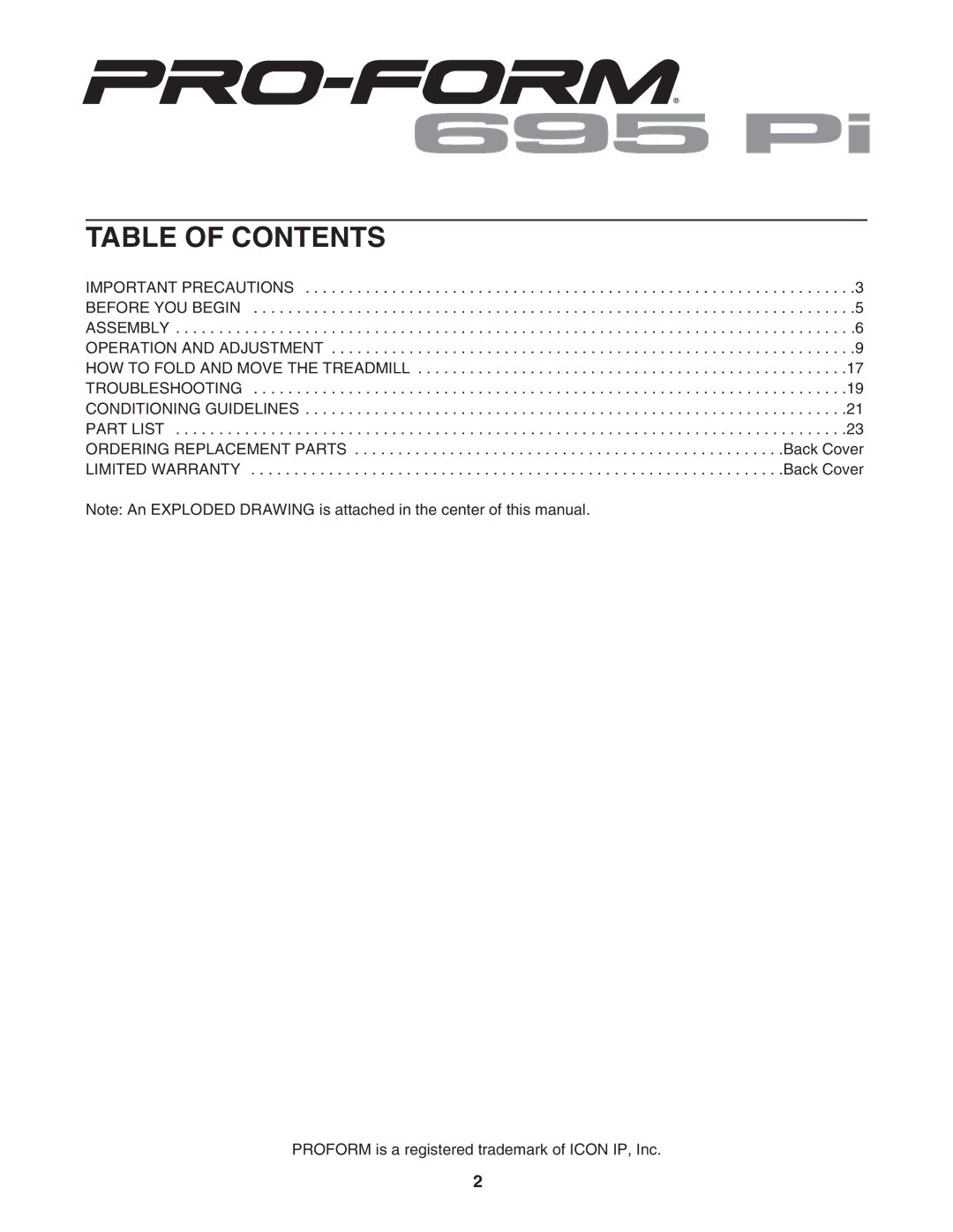 ProForm PFTL63105.0 user manual Table of Contents 