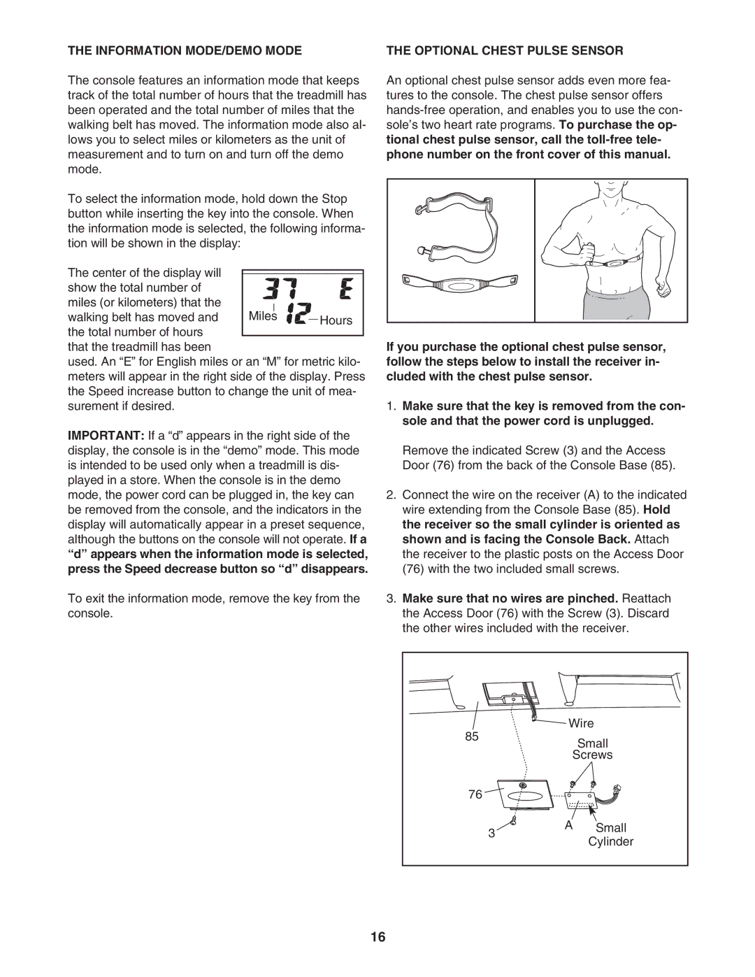 ProForm PFTL63105.2 user manual Information MODE/DEMO Mode, Optional Chest Pulse Sensor 