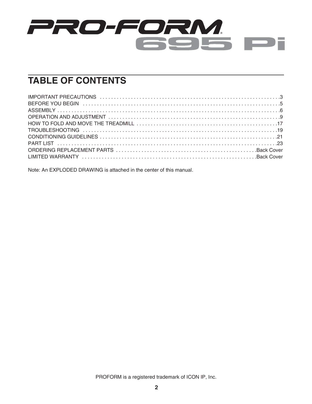 ProForm PFTL63105.2 user manual Table of Contents 