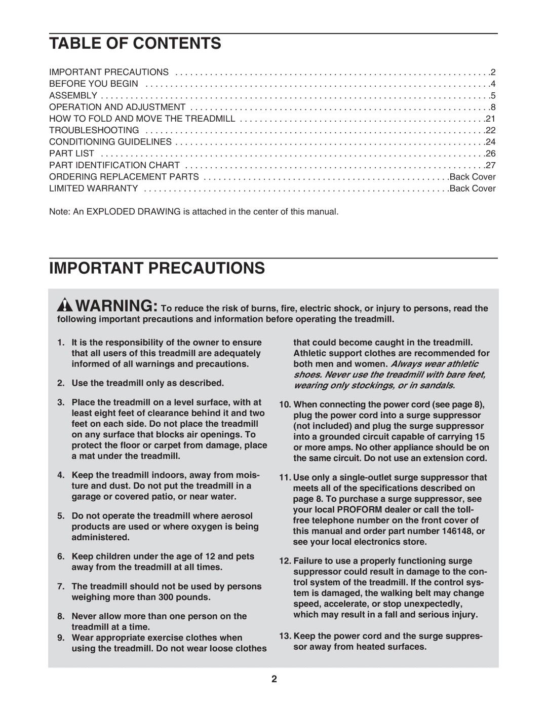 ProForm PFTL64505.0 user manual Table of Contents, Important Precautions 