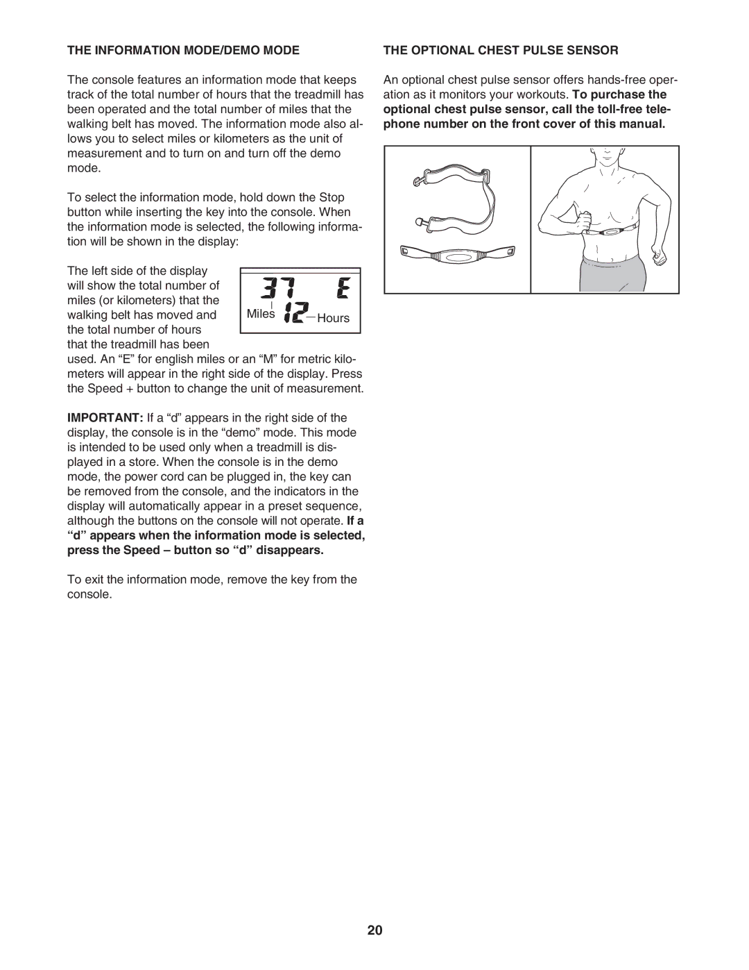 ProForm PFTL64505.0 user manual Information MODE/DEMO Mode, Optional Chest Pulse Sensor 