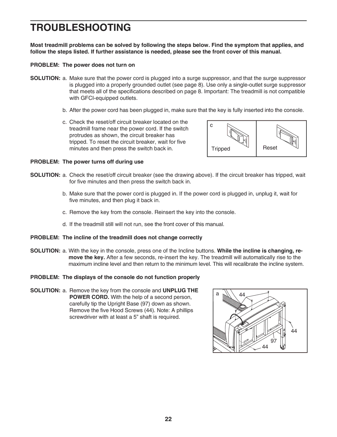 ProForm PFTL64505.0 user manual Troubleshooting, Problem The power turns off during use 