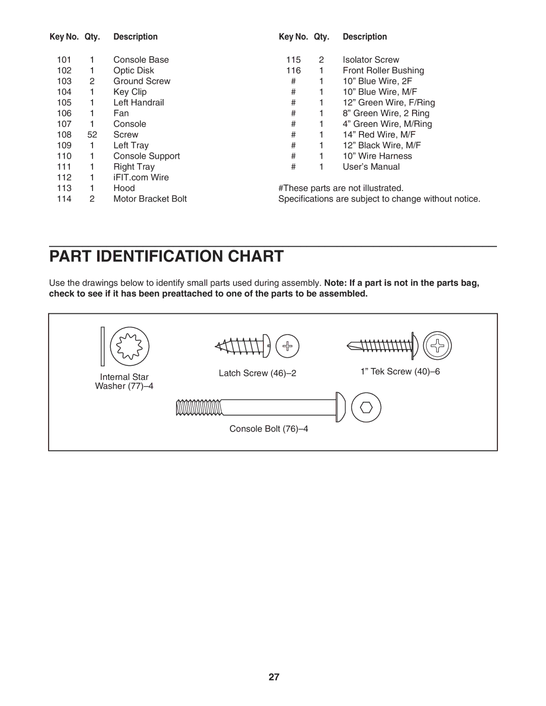 ProForm PFTL64505.0 user manual Part Identification Chart 