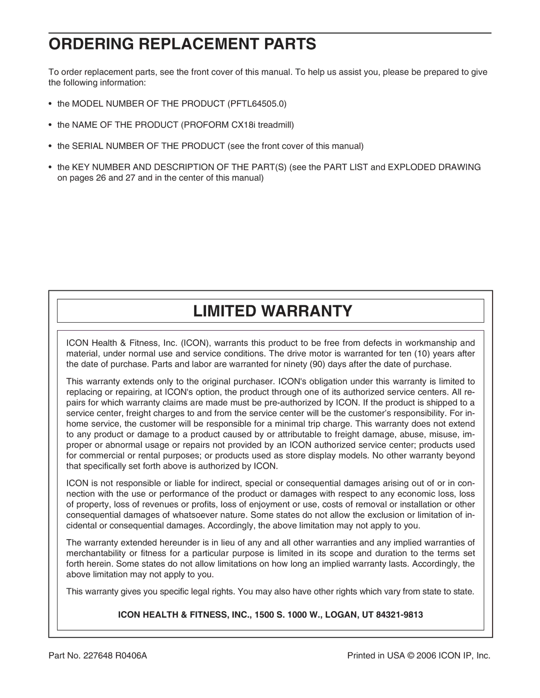 ProForm PFTL64505.0 Ordering Replacement Parts, Limited Warranty, Icon Health & FITNESS, INC., 1500 S W., LOGAN, UT 