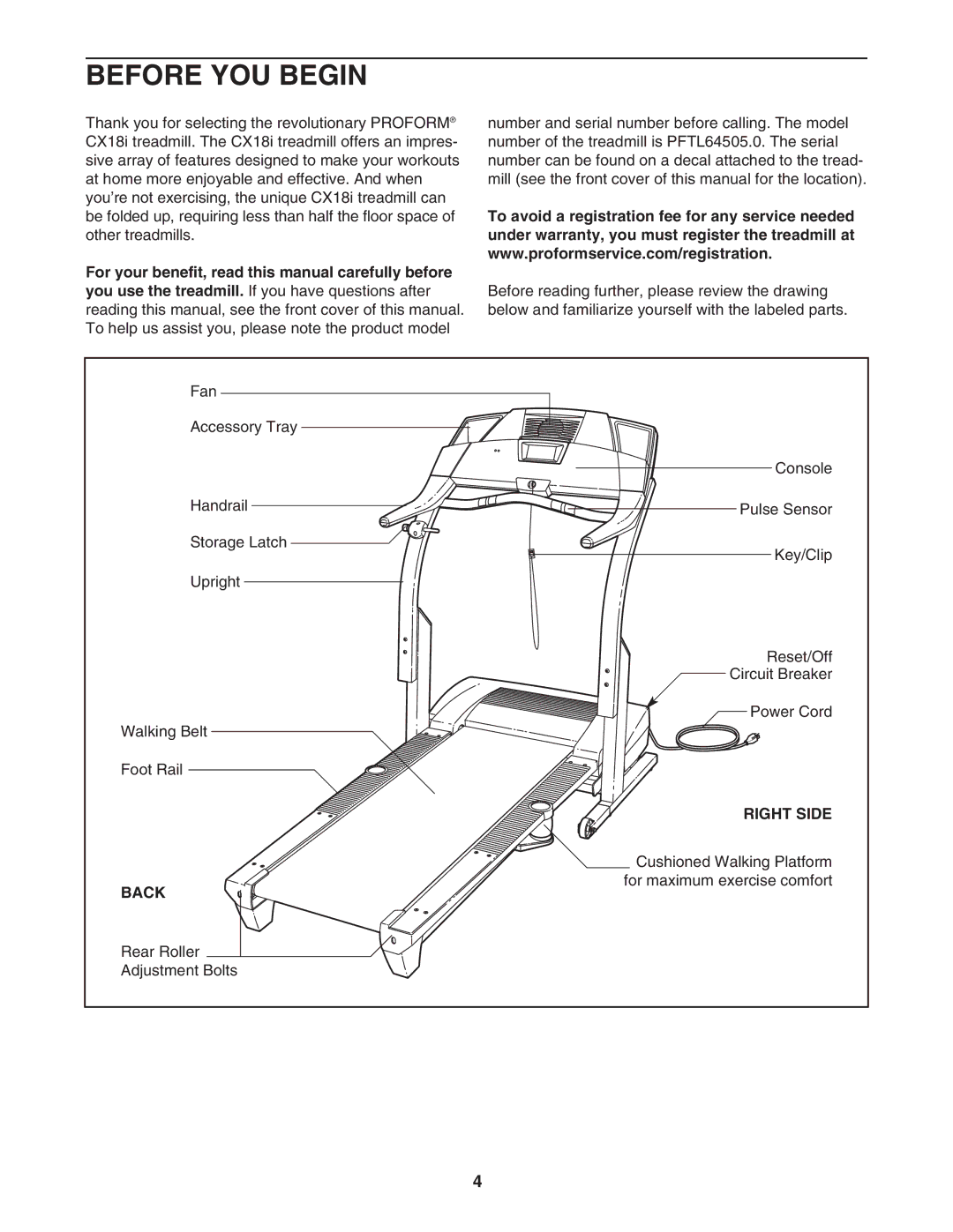 ProForm PFTL64505.0 user manual Before YOU Begin, Right Side, Back 