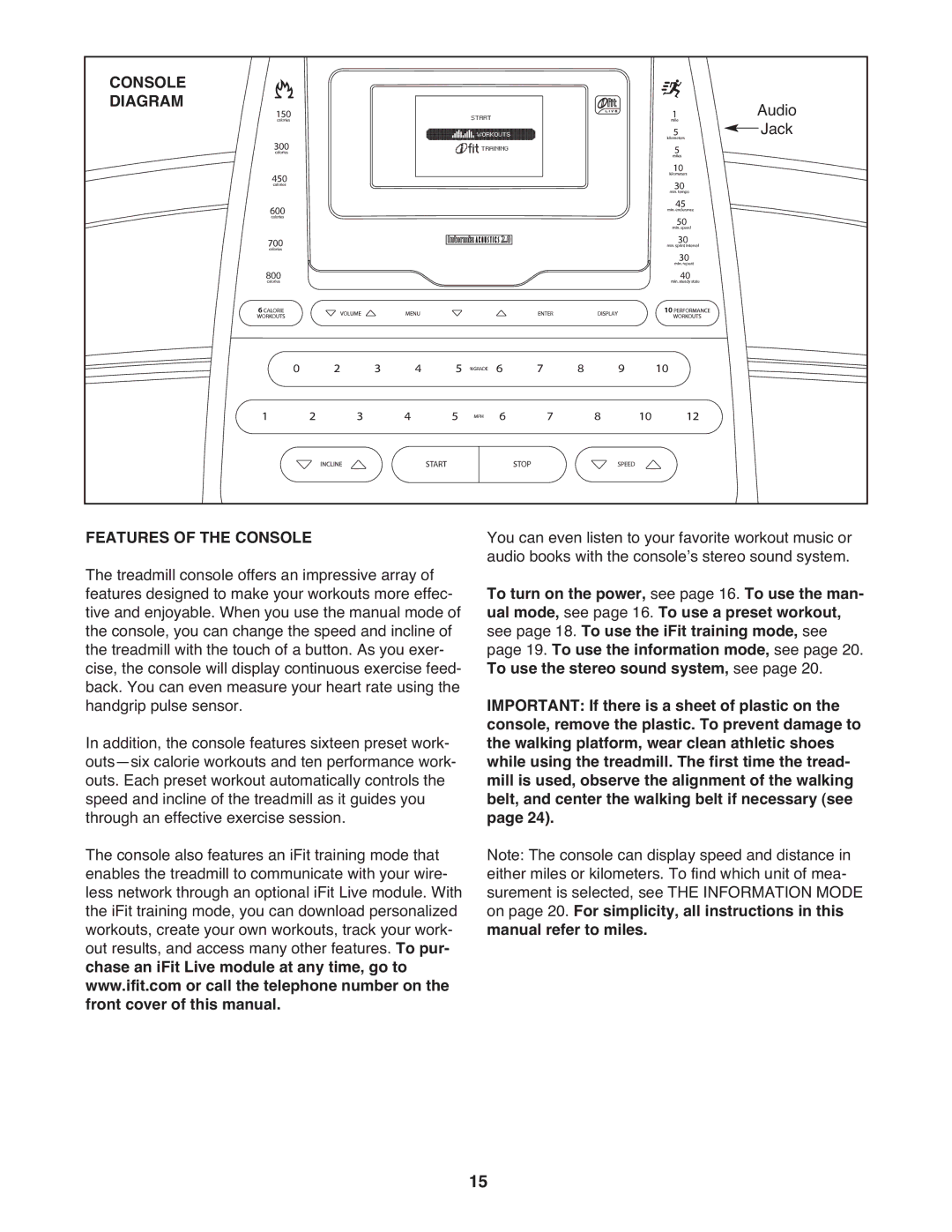 ProForm PFTL66010.0 user manual Audio, Diagram, Jack, Features of the Console 