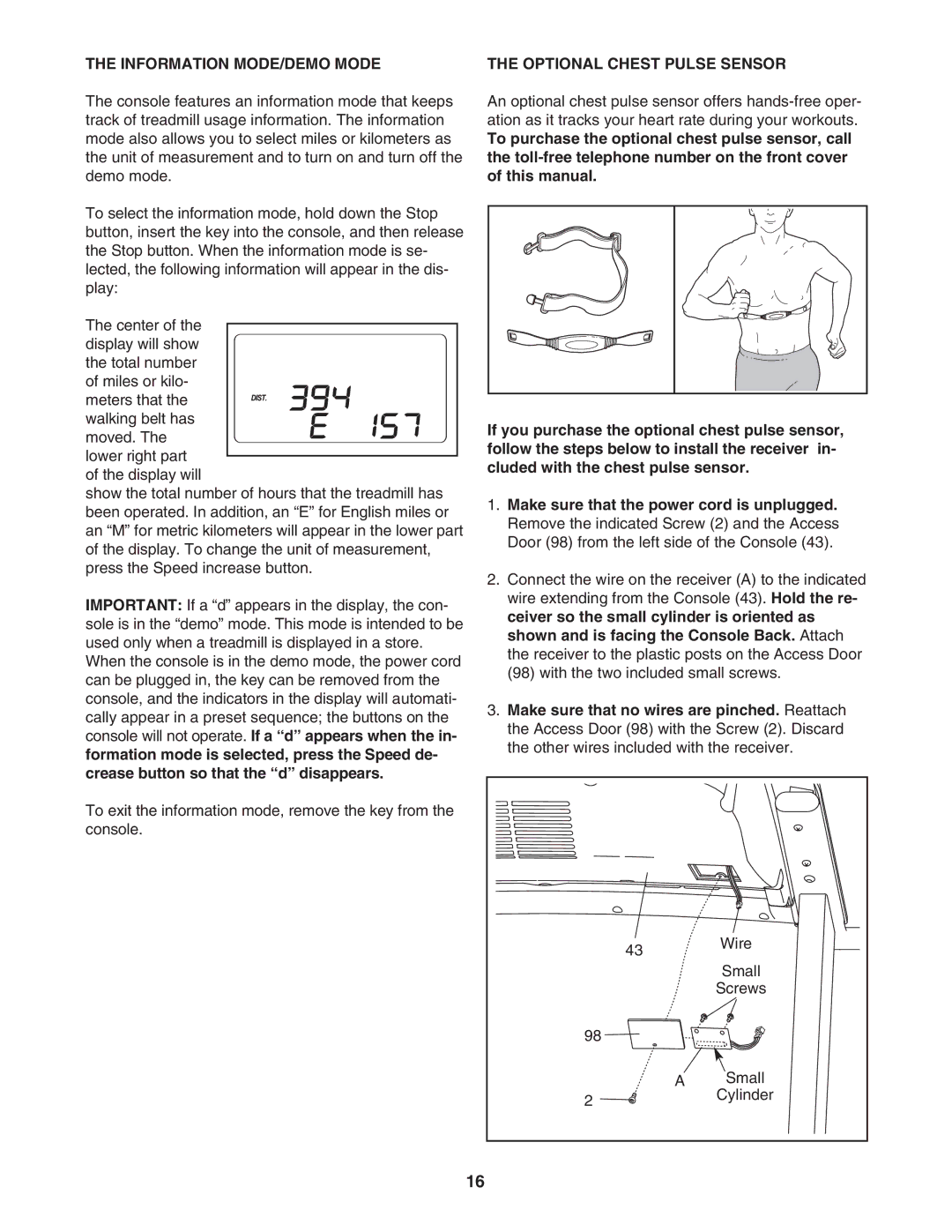 ProForm PFTL66906.0 user manual Information MODE/DEMO Mode Optional Chest Pulse Sensor 