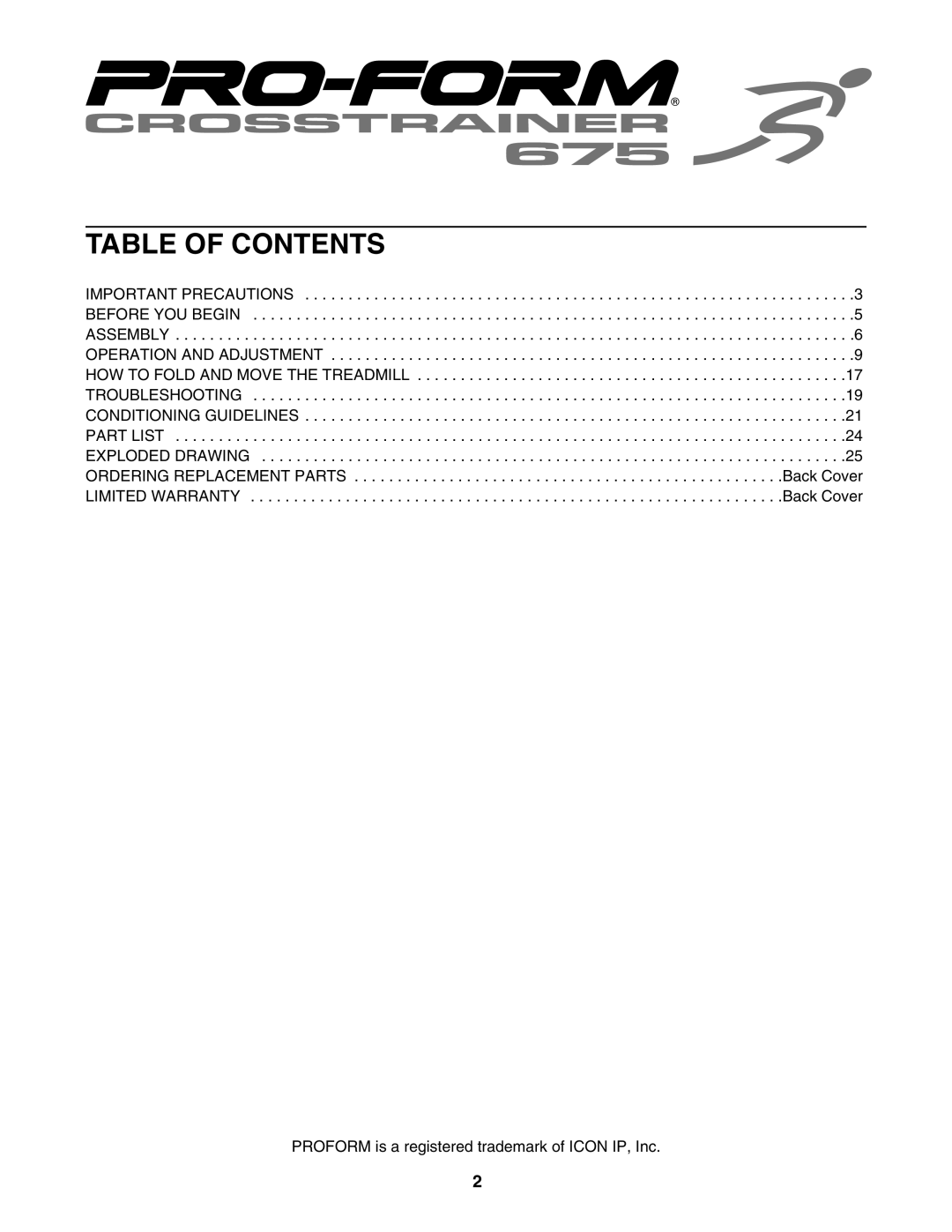 ProForm PFTL66906.0 user manual Table of Contents 