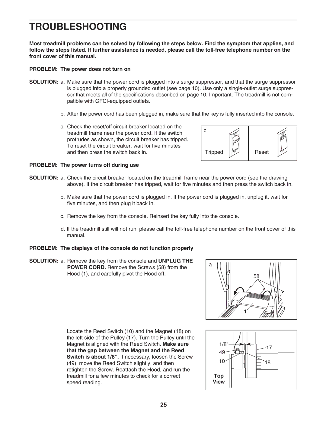 ProForm PFTL68505.0 user manual Troubleshooting, Problem The power turns off during use, Top 