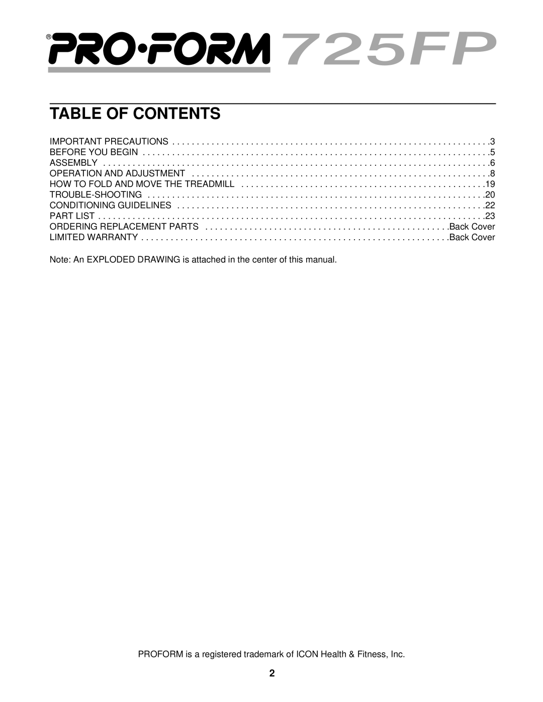 ProForm PFTL69101 user manual Table of Contents 