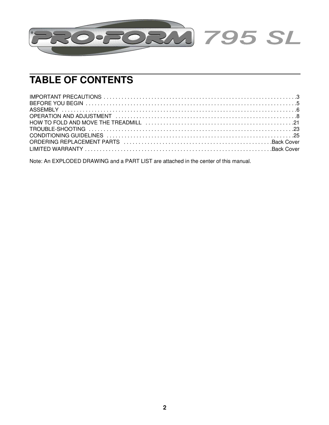 ProForm PFTL69211 user manual Table of Contents 