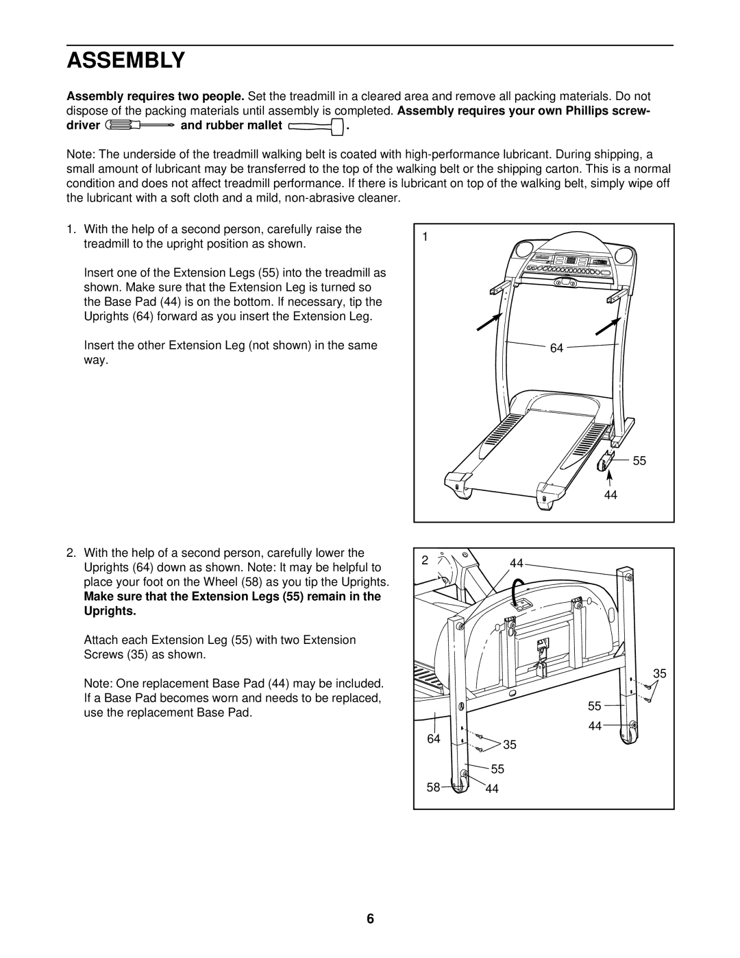 ProForm PFTL69211 Assembly, Driver and rubber mallet, Make sure that the Extension Legs 55 remain in the Uprights 