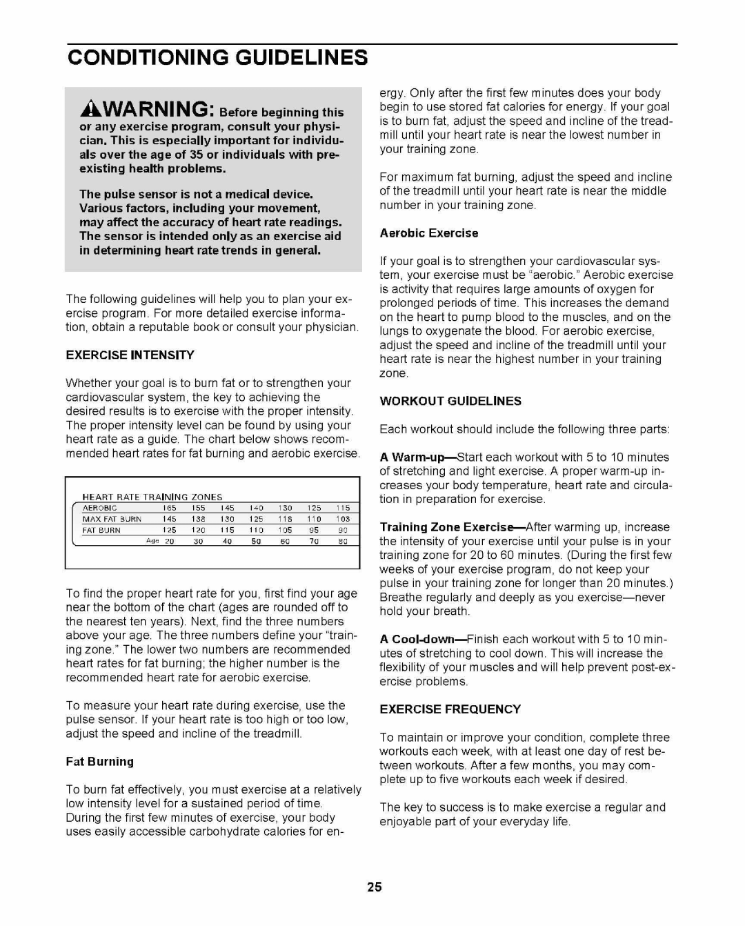 ProForm PFTL69211 user manual Conditioning Guidelines, Exercise Intensity, Workout Guidelines, Exercise Frequency 