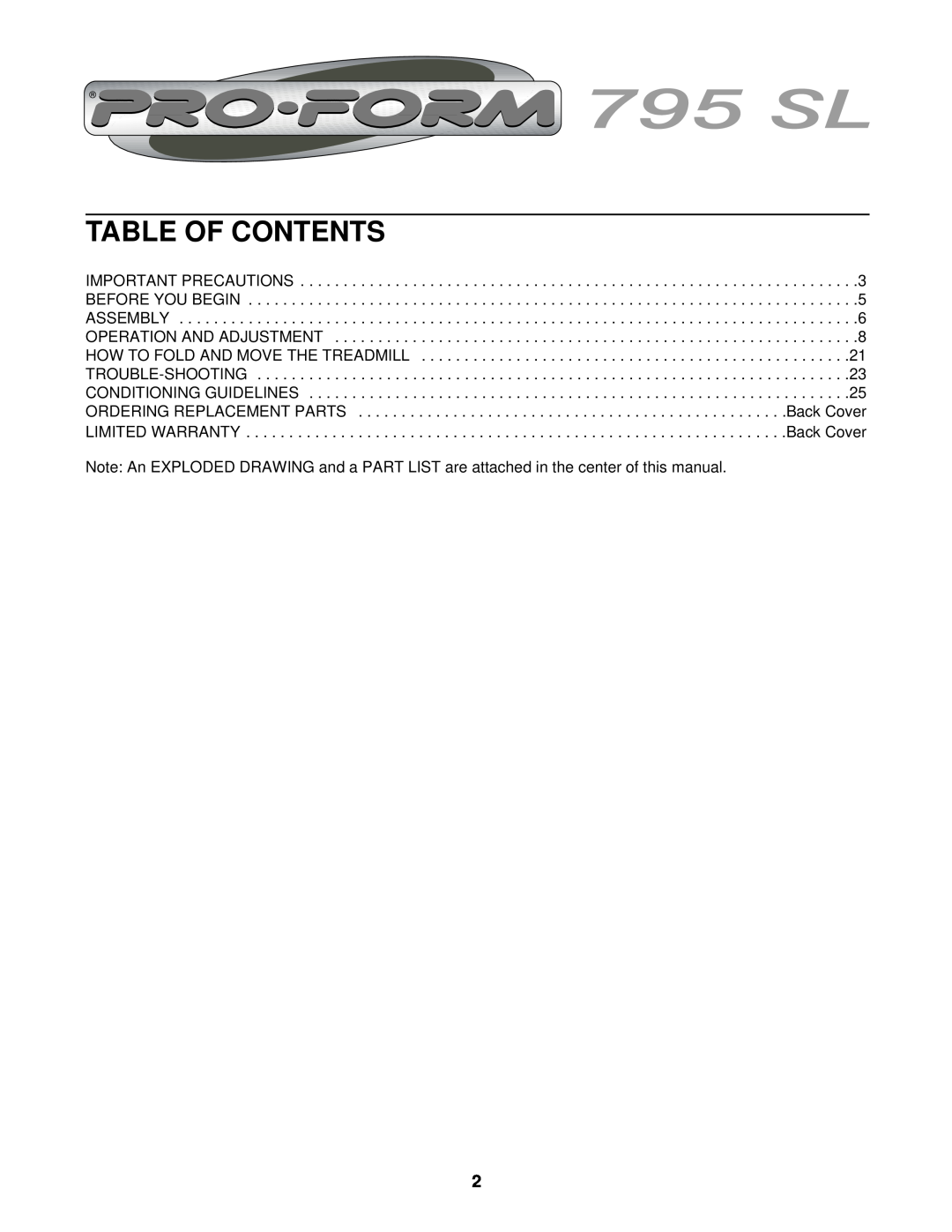 ProForm PFTL69211 user manual Table Of Contents 