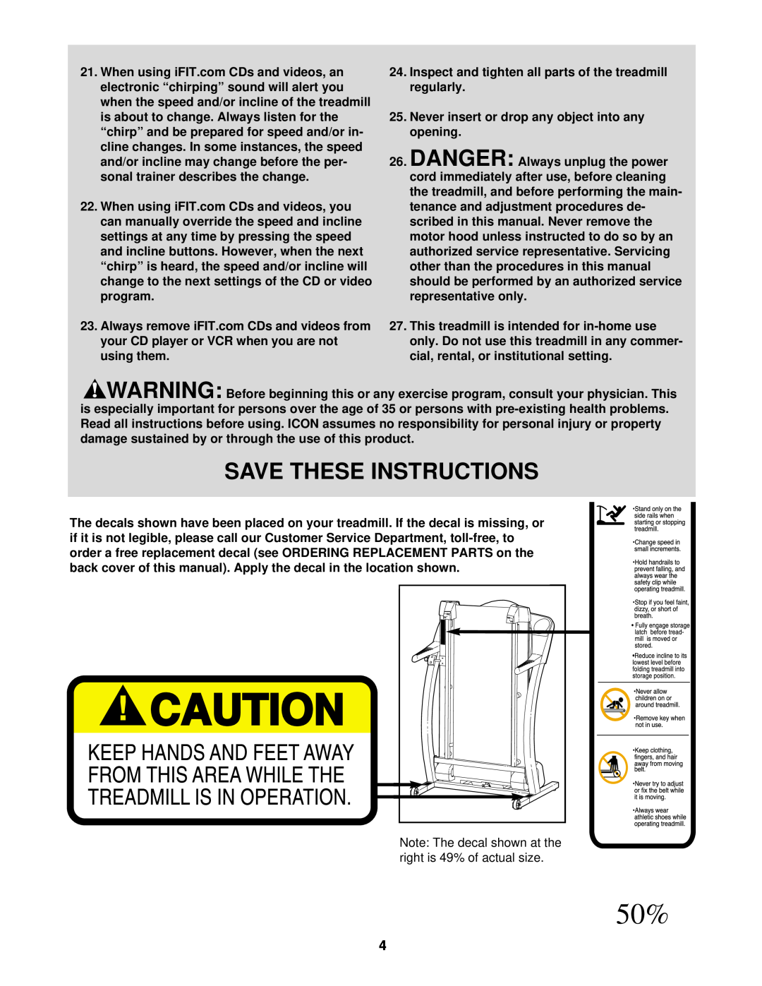ProForm PFTL69211 user manual Save These Instructions, Inspect and tighten all parts of the treadmill regularly 
