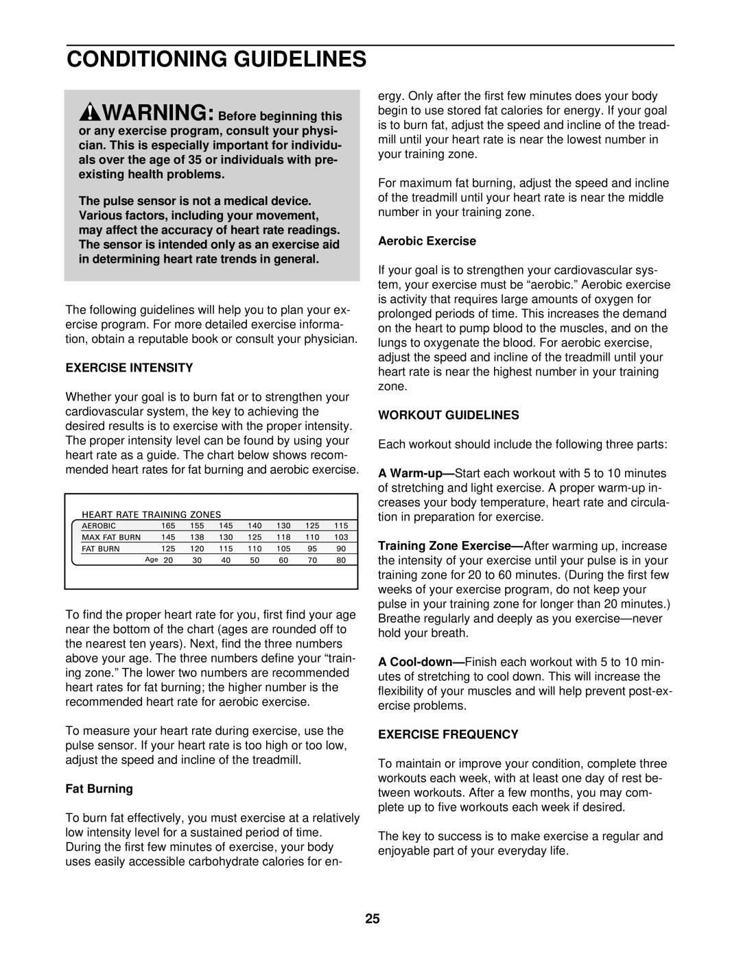 ProForm PFTL69212 user manual Conditioning Guidelines, Exercise Intensity, Workout Guidelines, Exercise Frequency 