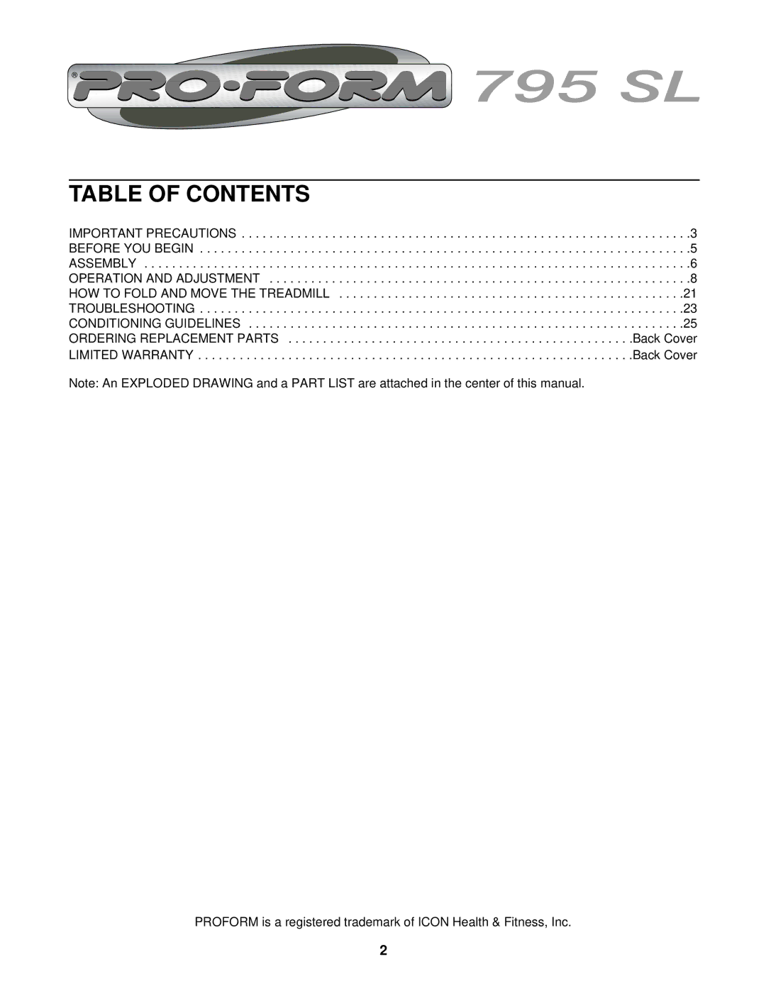 ProForm PFTL69213 user manual Table of Contents 