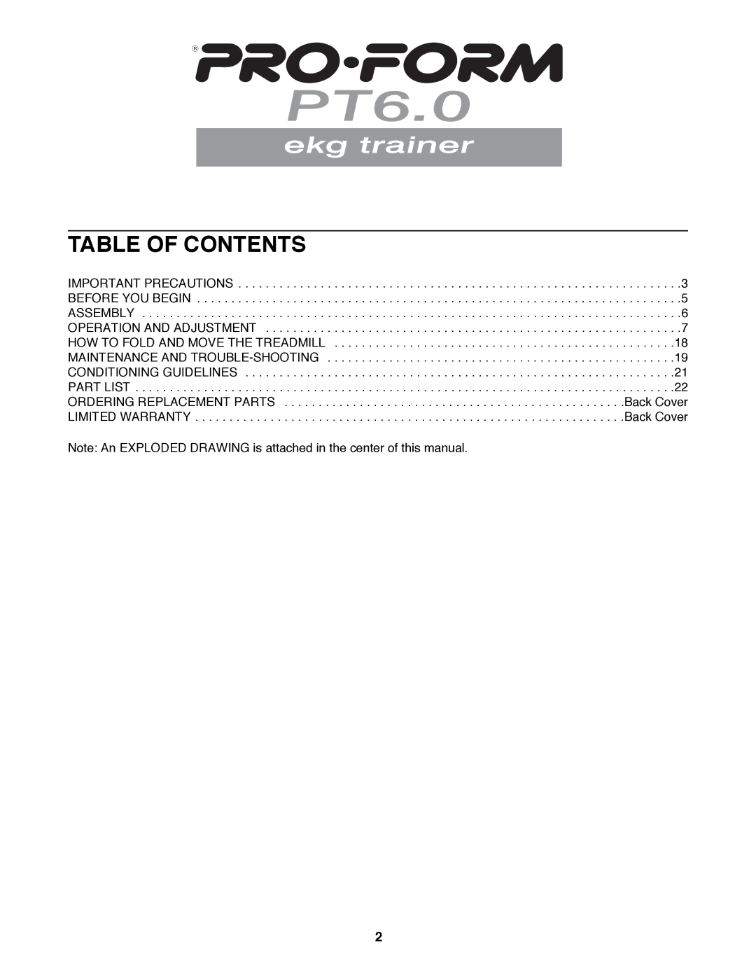 ProForm PFTL69500 user manual Table of Contents 