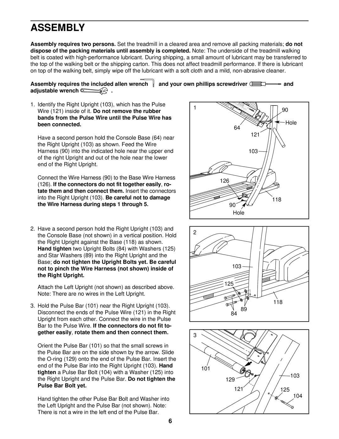 ProForm PFTL69501 user manual Assembly, Adjustable wrench, Been connected, Pulse Bar Bolt yet 