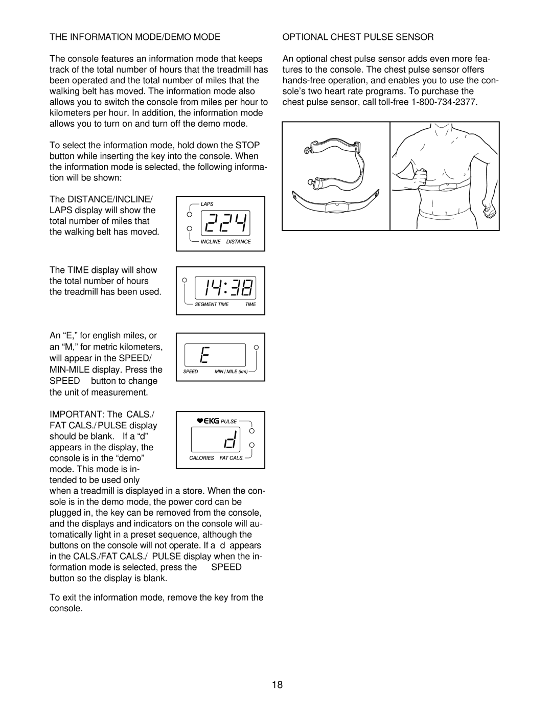 ProForm PFTL69502 user manual Information MODE/DEMO Mode, Optional Chest Pulse Sensor 