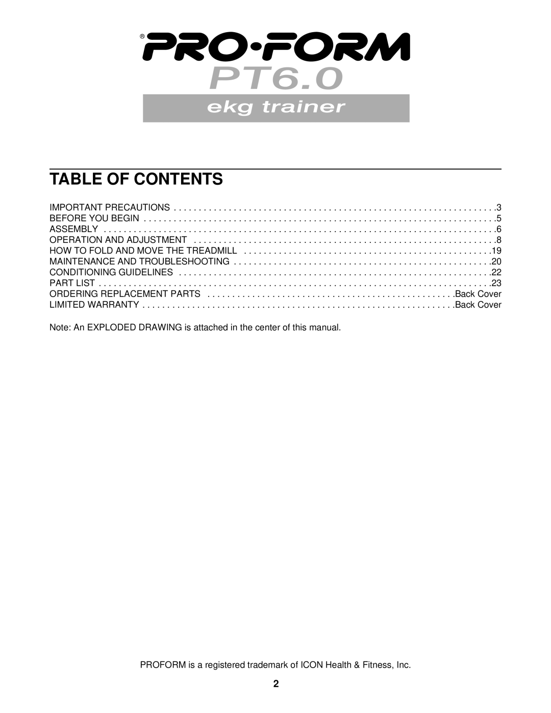 ProForm PFTL69502 user manual Table of Contents 