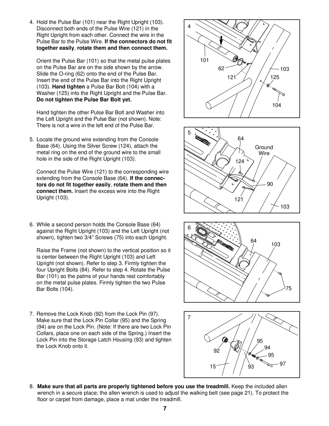 ProForm PFTL69502 user manual Do not tighten the Pulse Bar Bolt yet 