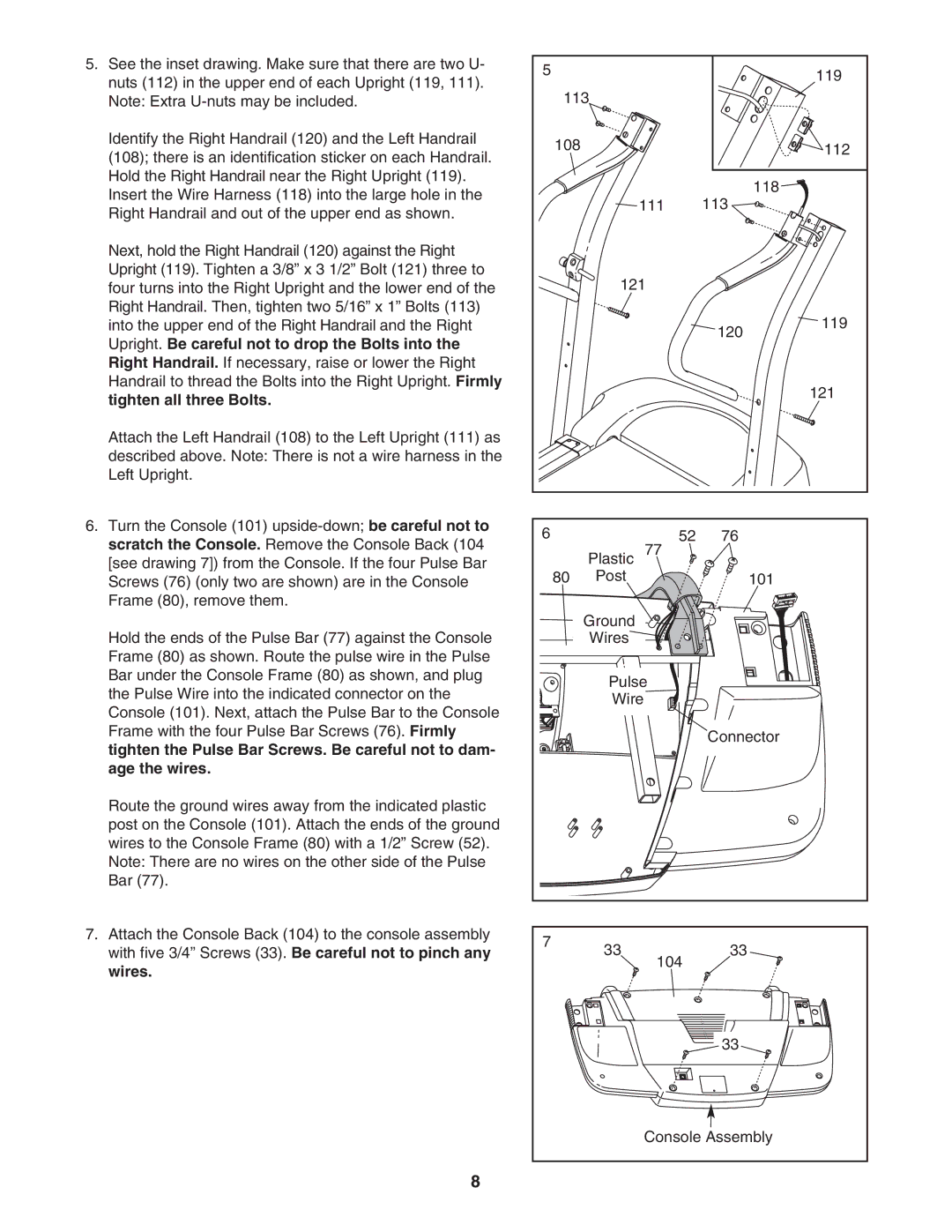 ProForm PFTL69505.0 user manual Post 101 Ground Wires Pulse Connector 104 Console Assembly 