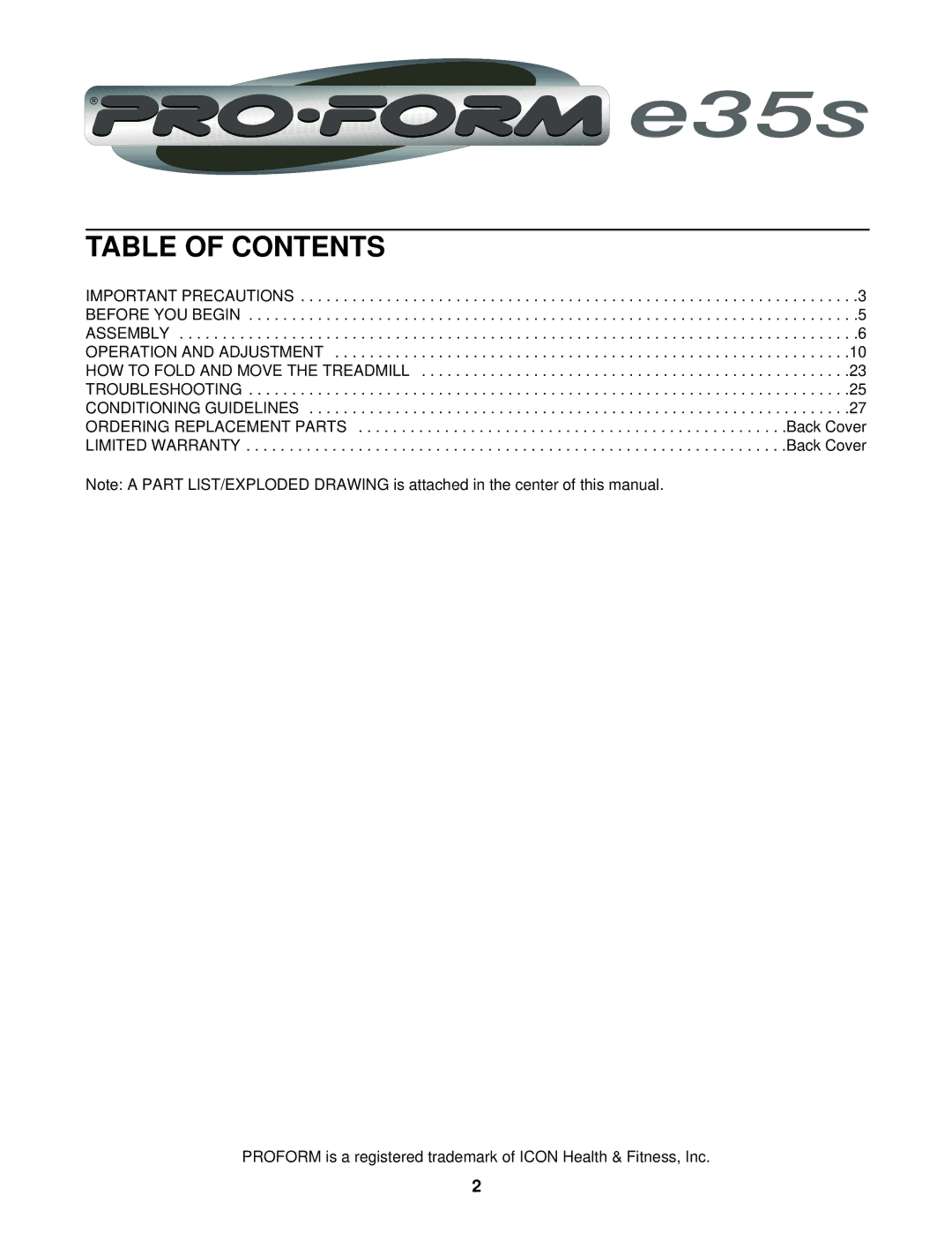 ProForm PFTL69711 user manual Table of Contents 