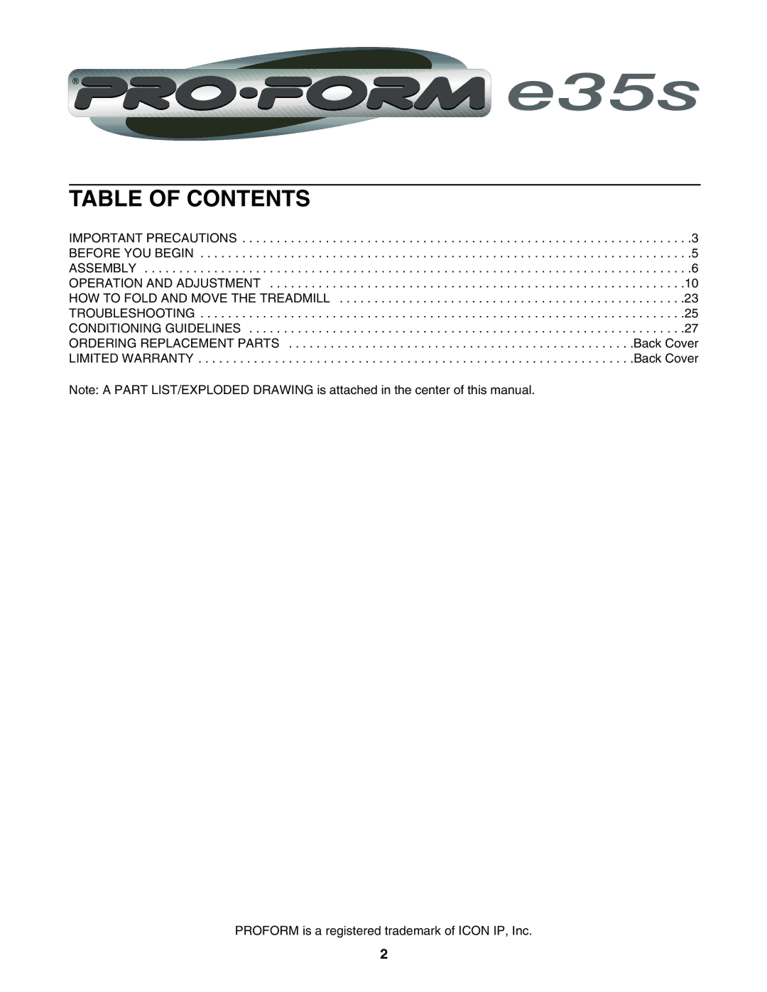 ProForm PFTL69712 user manual Table of Contents 