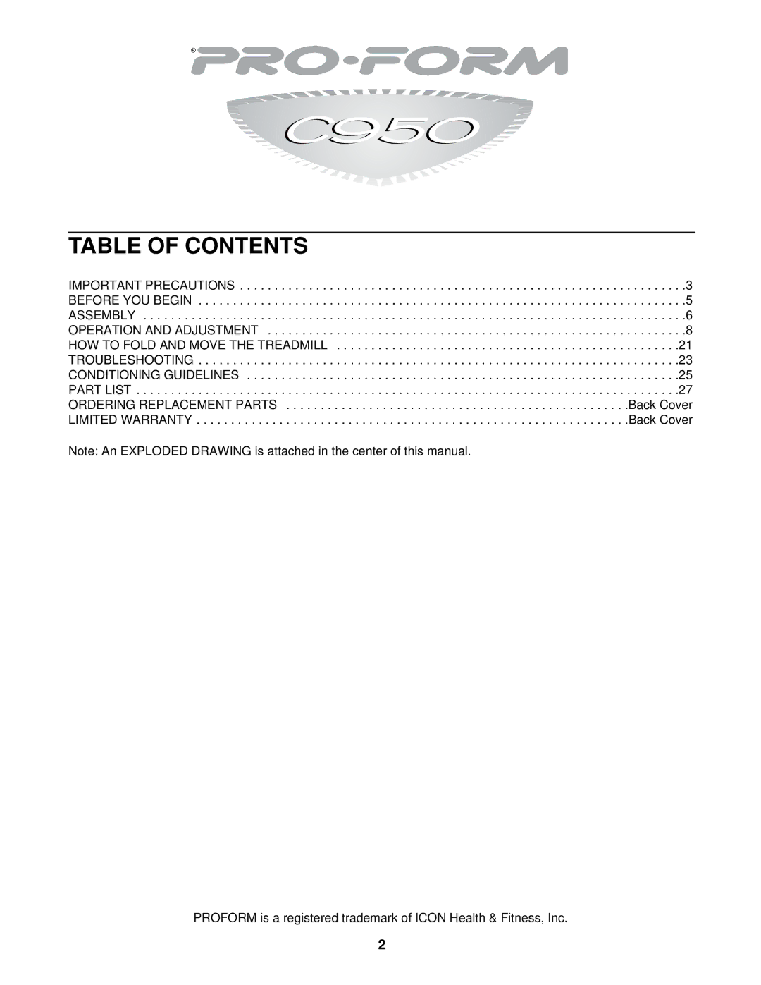 ProForm PFTL69720 user manual Table of Contents 