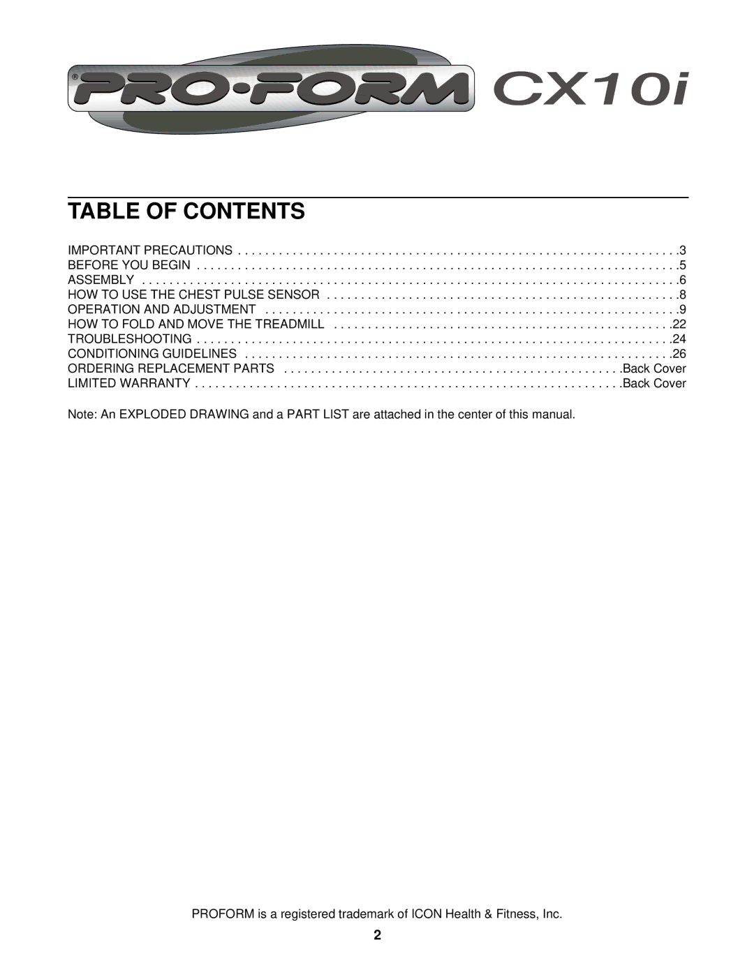 ProForm PFTL69820 user manual Table of Contents 