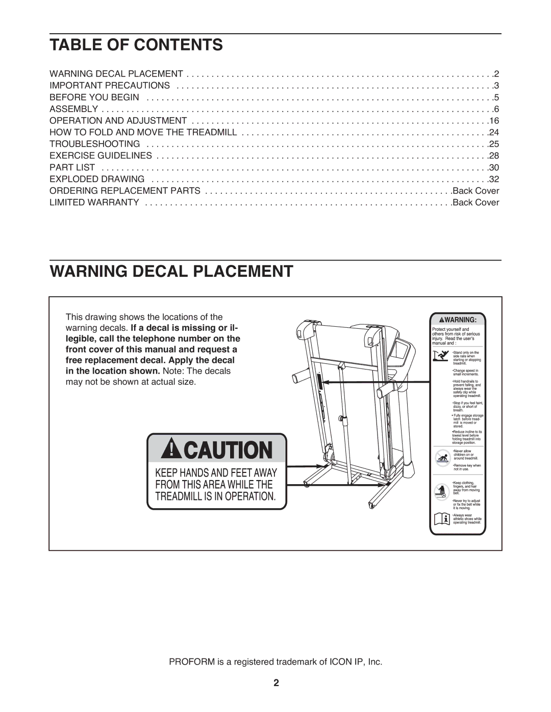 ProForm PFTL70010.0 warranty Table of Contents 