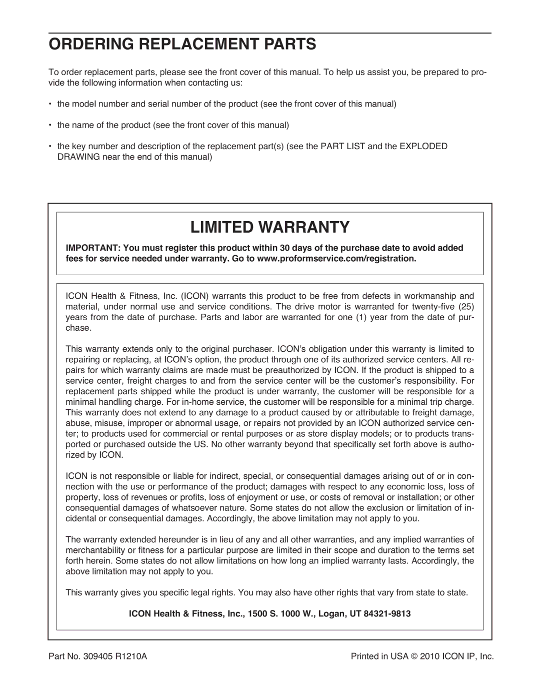 ProForm PFTL70010.0 Ordering Replacement Parts, Limited Warranty, Icon Health & Fitness, Inc., 1500 S W., Logan, UT 