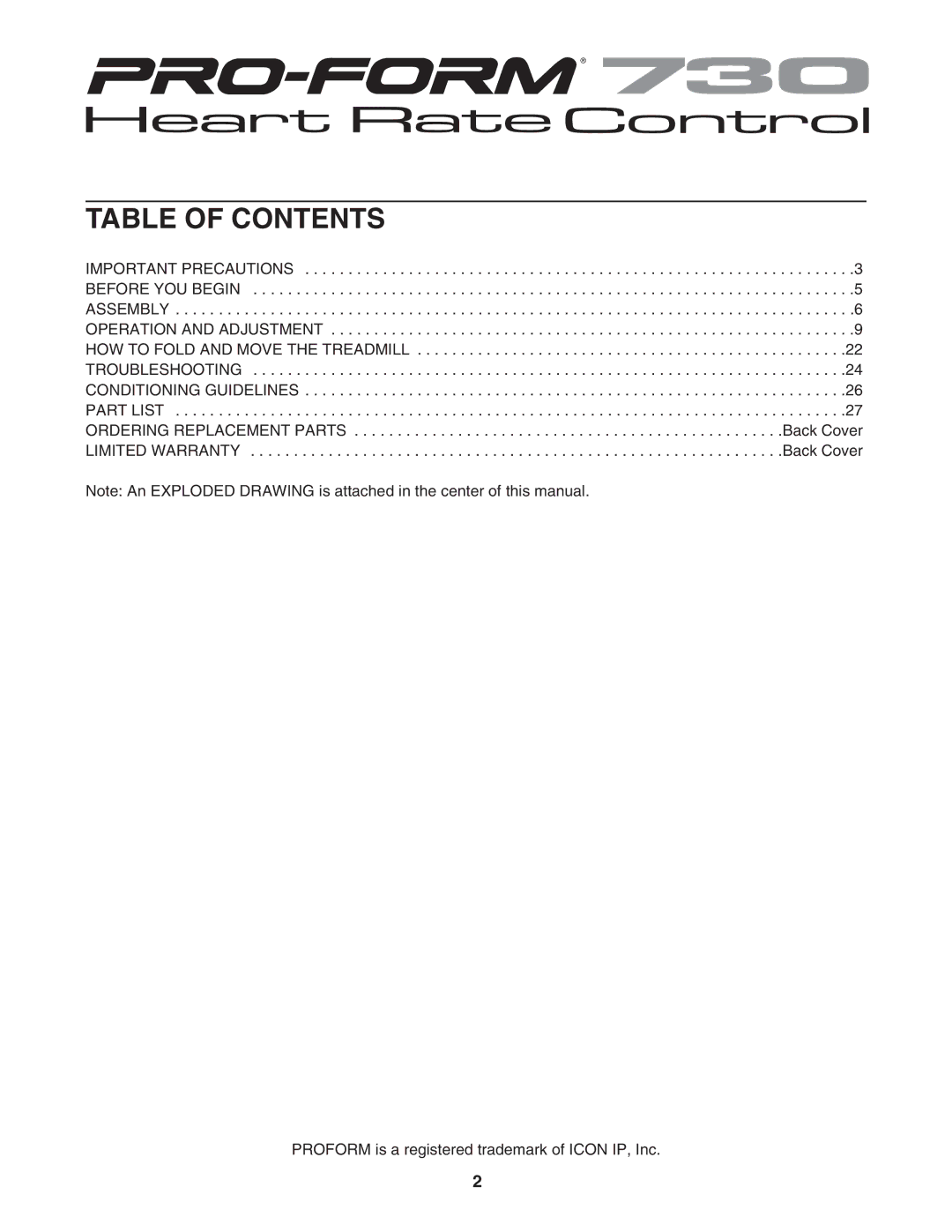 ProForm PFTL71104.0 user manual Table of Contents 