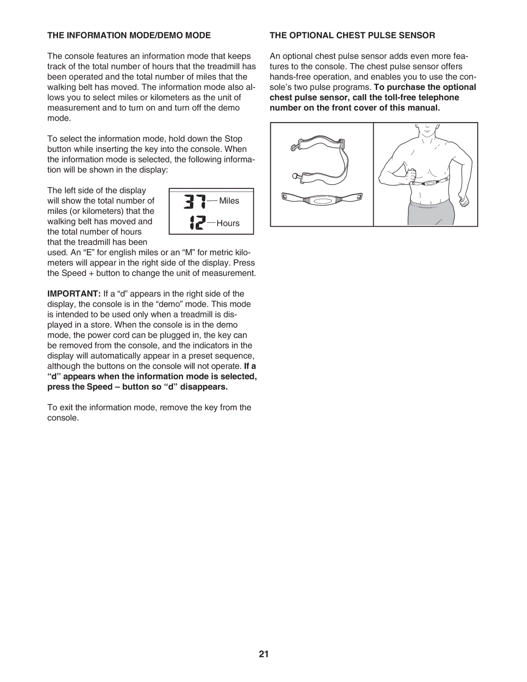 ProForm PFTL71104.0 user manual Information MODE/DEMO Mode, Optional Chest Pulse Sensor 