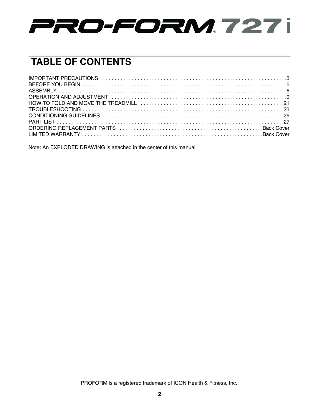 ProForm PFTL71230 user manual Table of Contents 