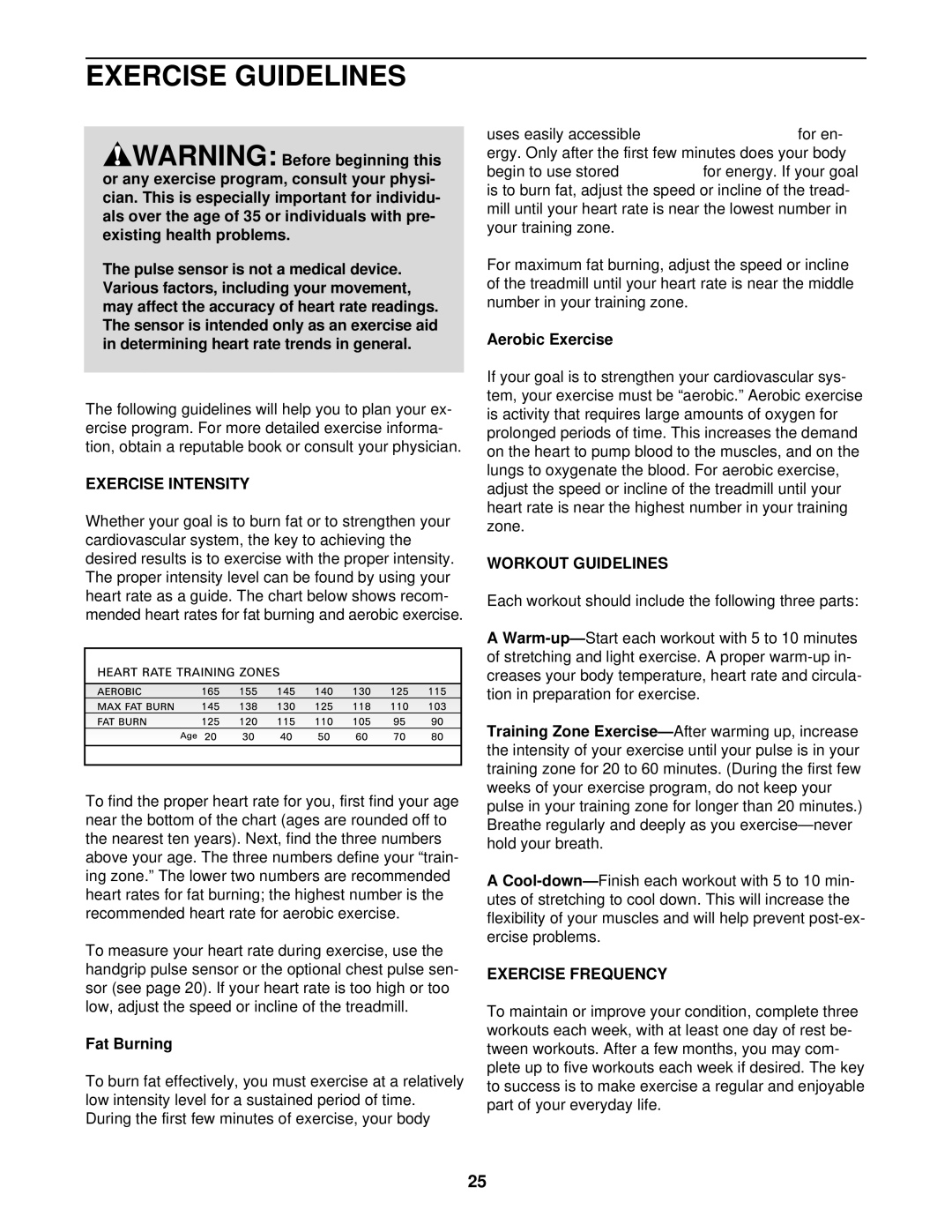 ProForm PFTL71330 user manual Exercise Guidelines, Exercise Intensity, Workout Guidelines, Exercise Frequency 