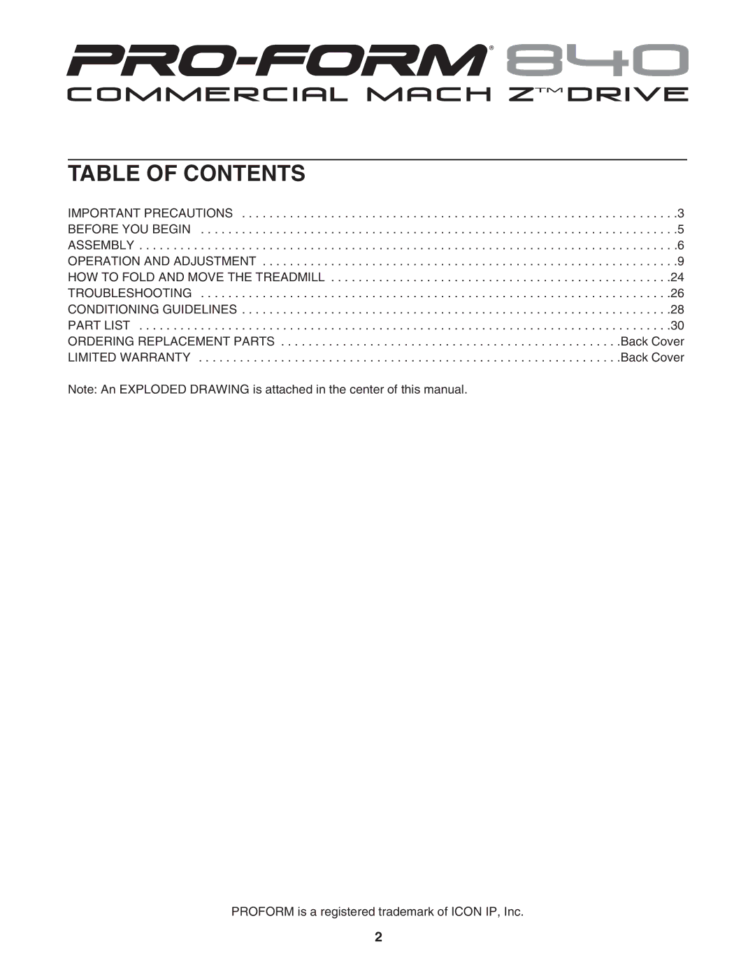 ProForm PFTL721040 user manual Table of Contents 