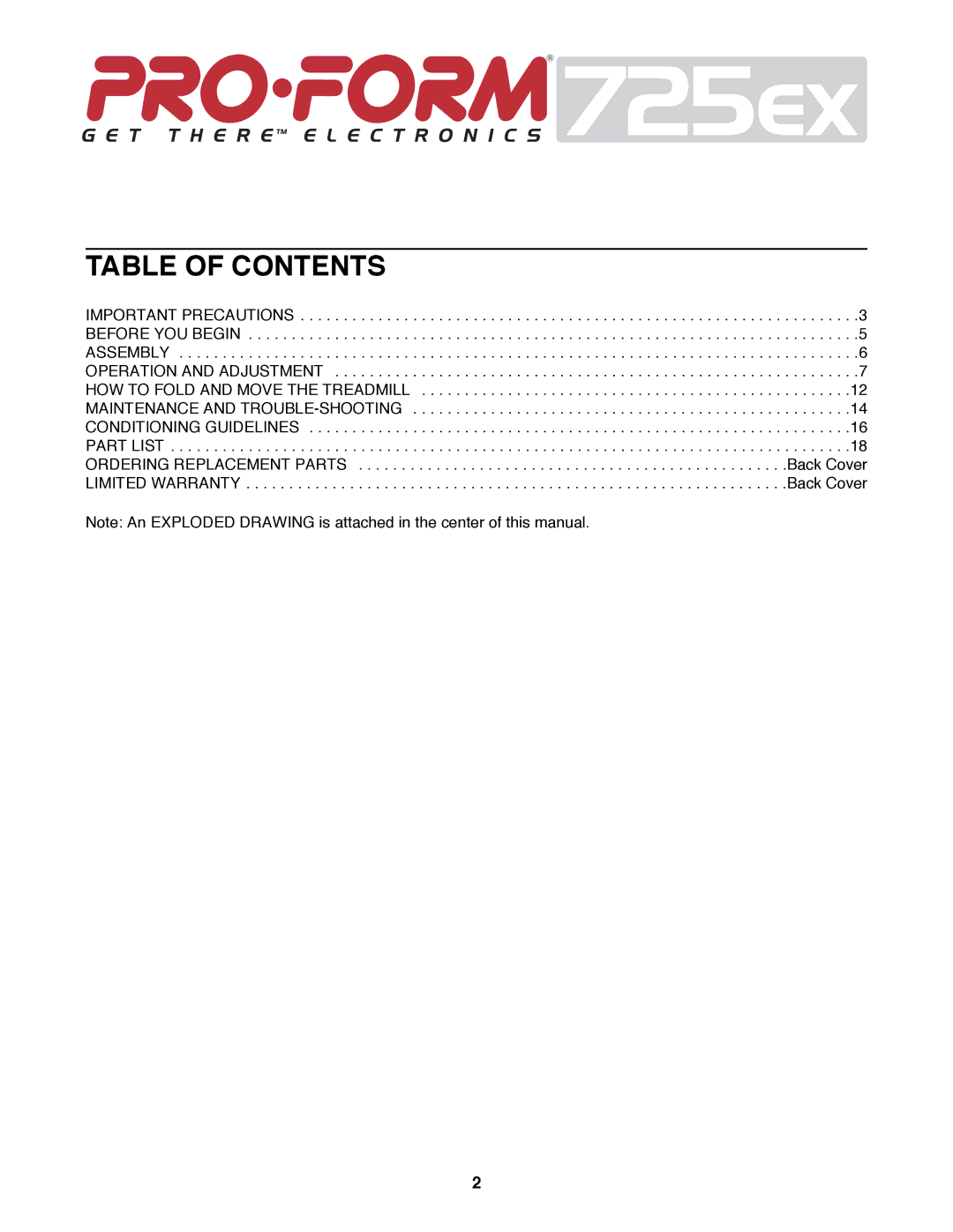 ProForm PFTL72580 user manual Table of Contents 