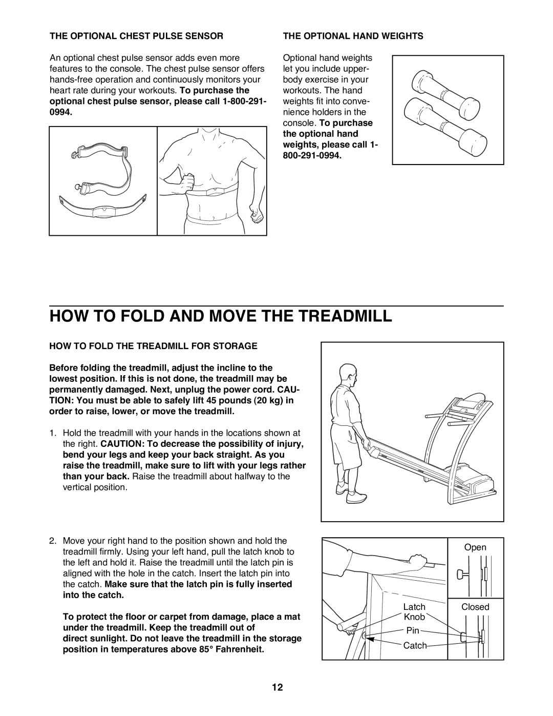 ProForm PFTL72582 user manual HOW to Fold and Move the Treadmill, Optional Chest Pulse Sensor, Optional Hand Weights 