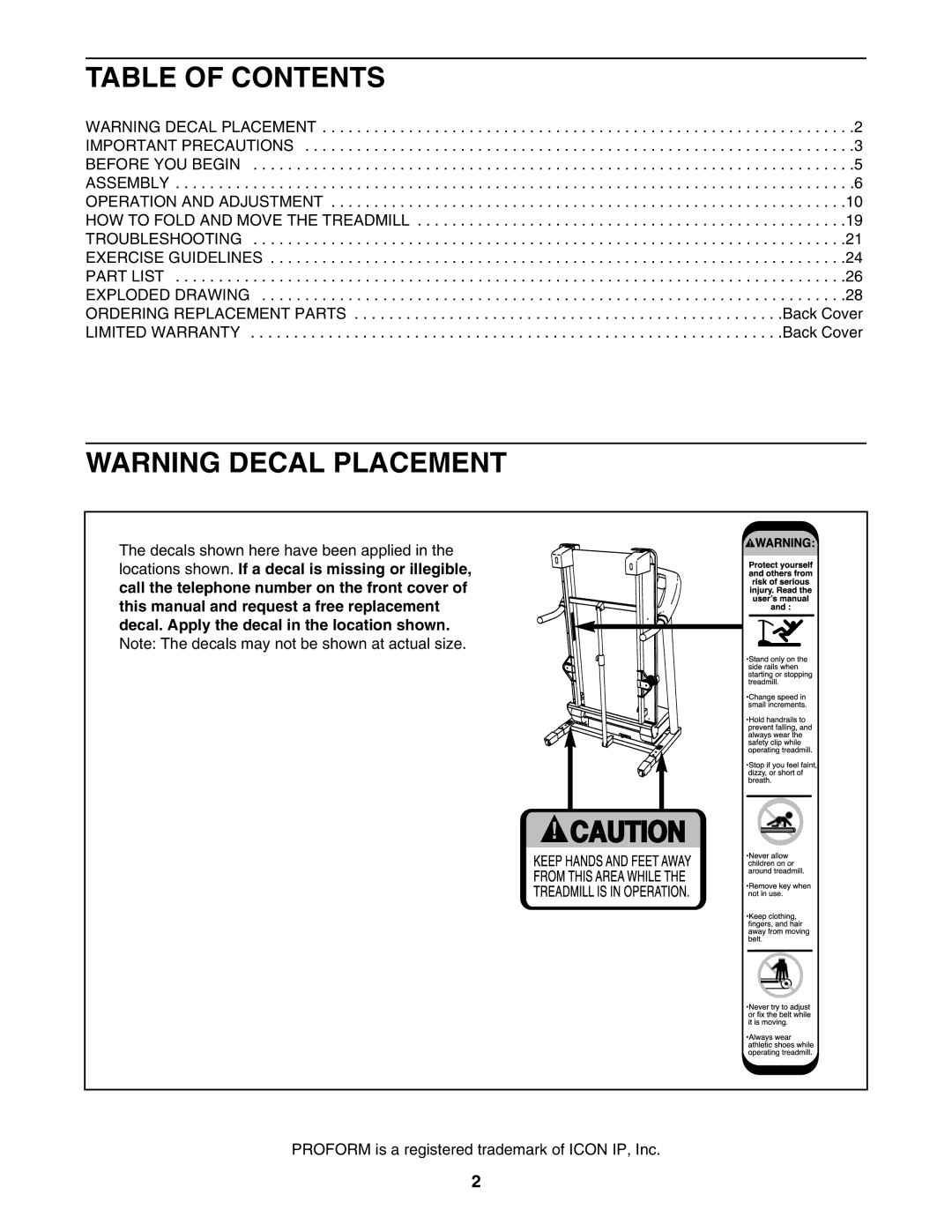 ProForm PFTL72707.0 user manual Table of Contents 