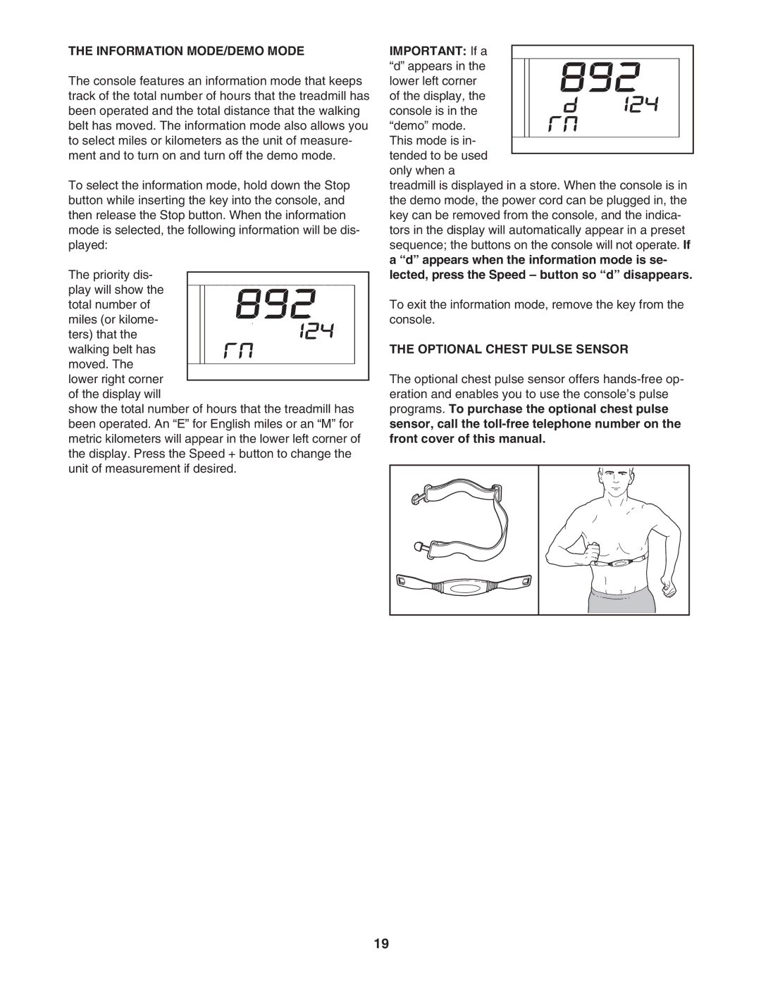 ProForm PFTL73105.1 user manual Information MODE/DEMO Mode, Important If a, Optional Chest Pulse Sensor 