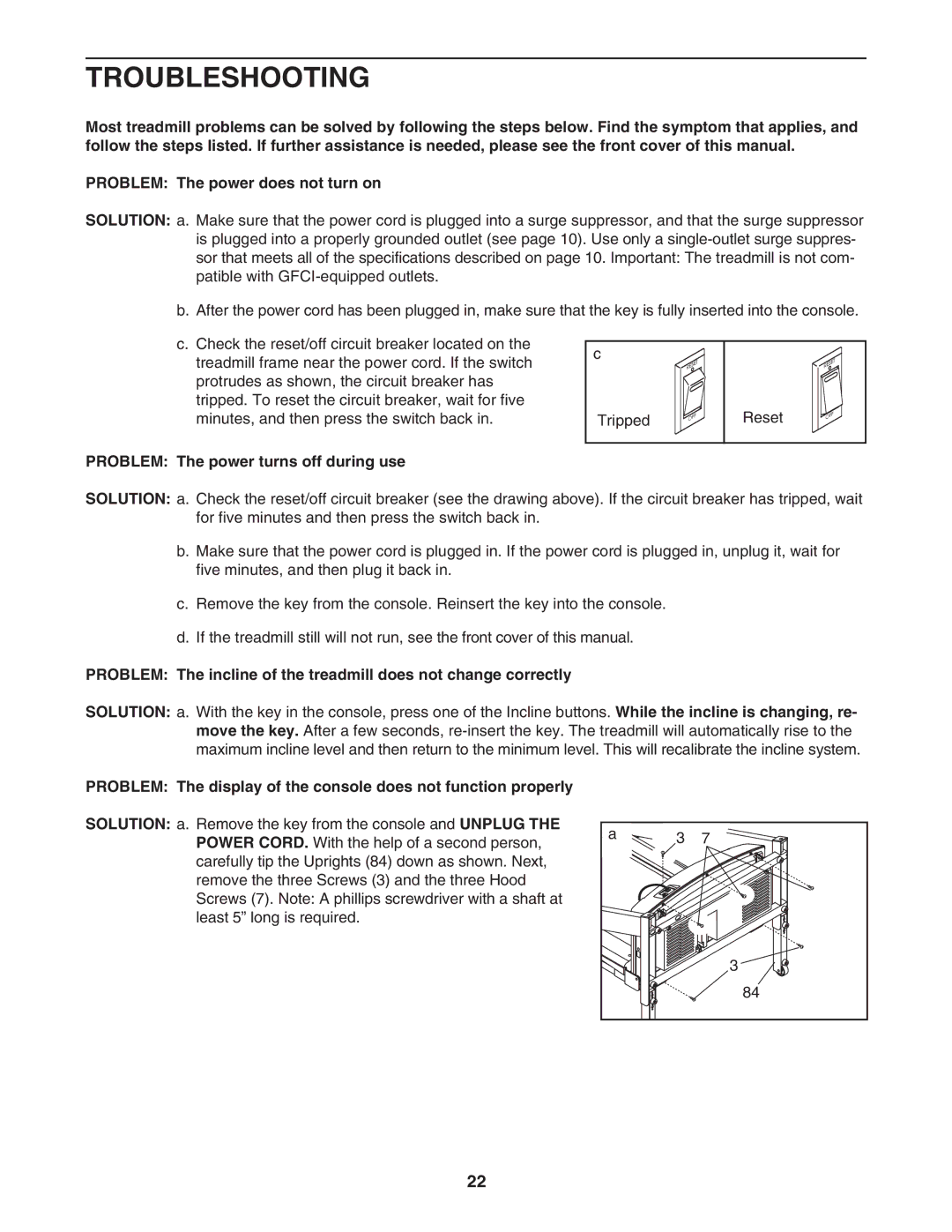 ProForm PFTL73105.1 user manual Troubleshooting, Problem The power turns off during use 